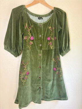 Dark Cottage Persephone Velvet Dress Embroidered Floral Cottagecore